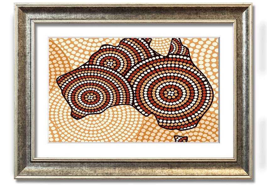 Framed Aboriginal Map print showcasing vibrant colors and intricate designs, ready to hang.