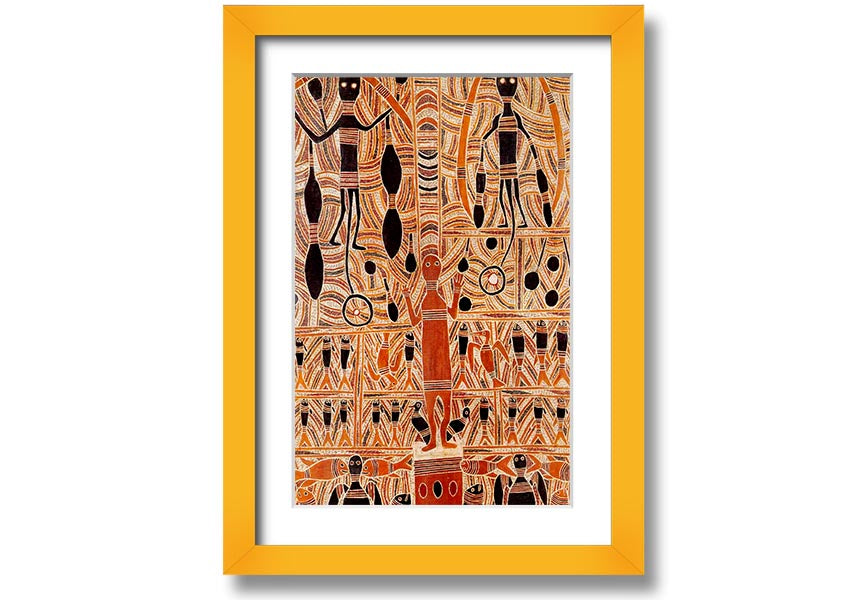 Framed print of Aboriginal Marika Mathaman artwork, showcasing vibrant colors and intricate designs, ready to hang.