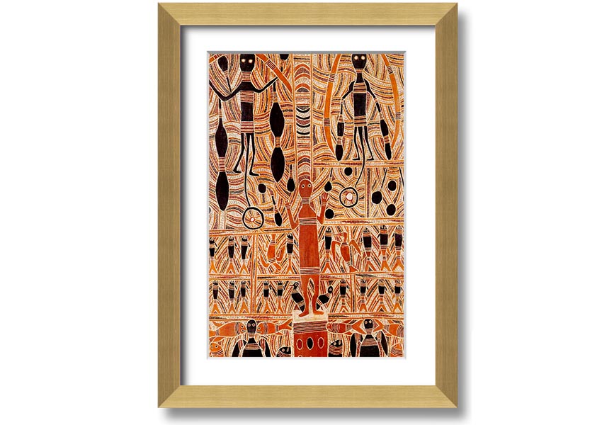 Framed print of Aboriginal Marika Mathaman artwork, showcasing vibrant colors and intricate designs, ready to hang.