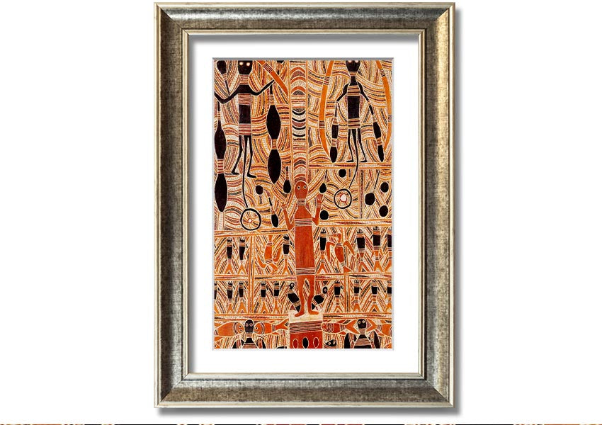 Framed print of Aboriginal Marika Mathaman artwork, showcasing vibrant colors and intricate designs, ready to hang.