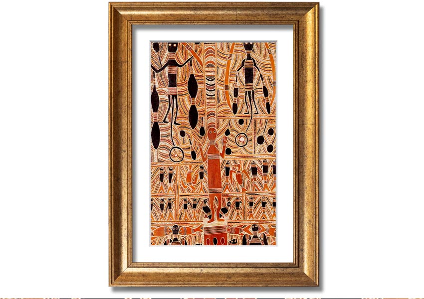 Framed print of Aboriginal Marika Mathaman artwork, showcasing vibrant colors and intricate designs, ready to hang.