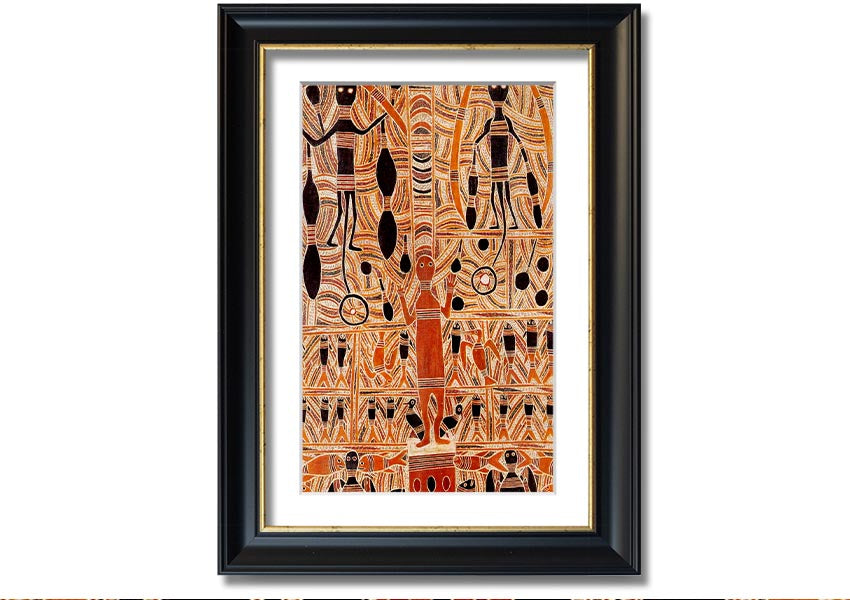 Framed print of Aboriginal Marika Mathaman artwork, showcasing vibrant colors and intricate designs, ready to hang.