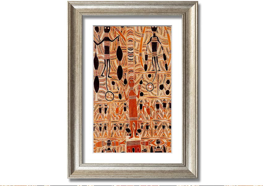 Framed print of Aboriginal Marika Mathaman artwork, showcasing vibrant colors and intricate designs, ready to hang.