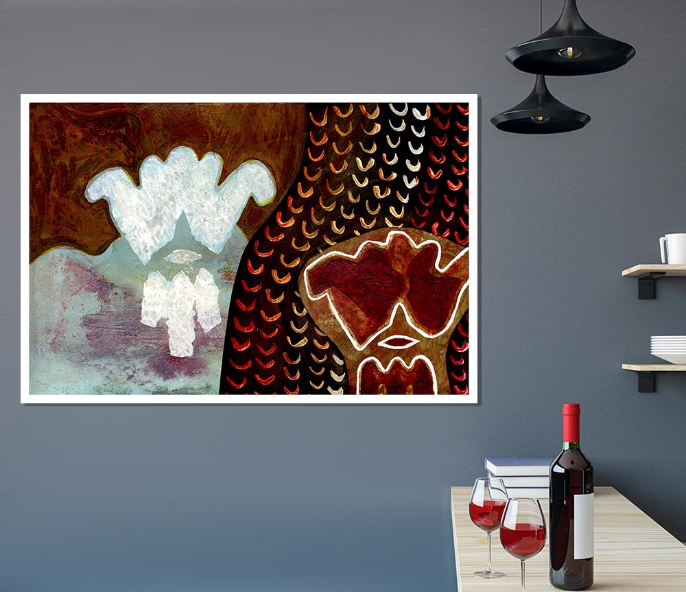 Aboriginal Mirage poster on high-quality canvas featuring vibrant colors and intricate designs, ready for display.