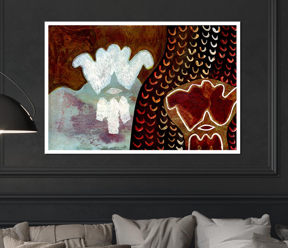 Aboriginal Mirage poster on high-quality canvas featuring vibrant colors and intricate designs, ready for display.