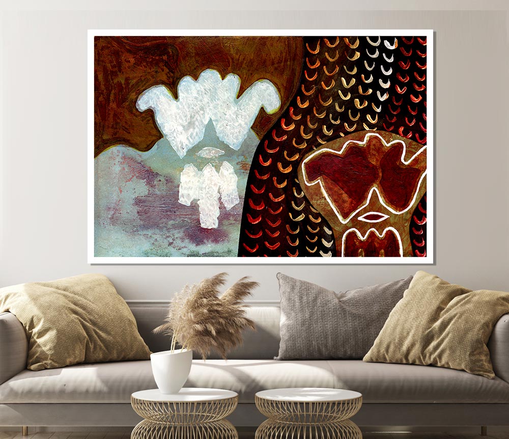 Aboriginal Mirage poster on high-quality canvas featuring vibrant colors and intricate designs, ready for display.