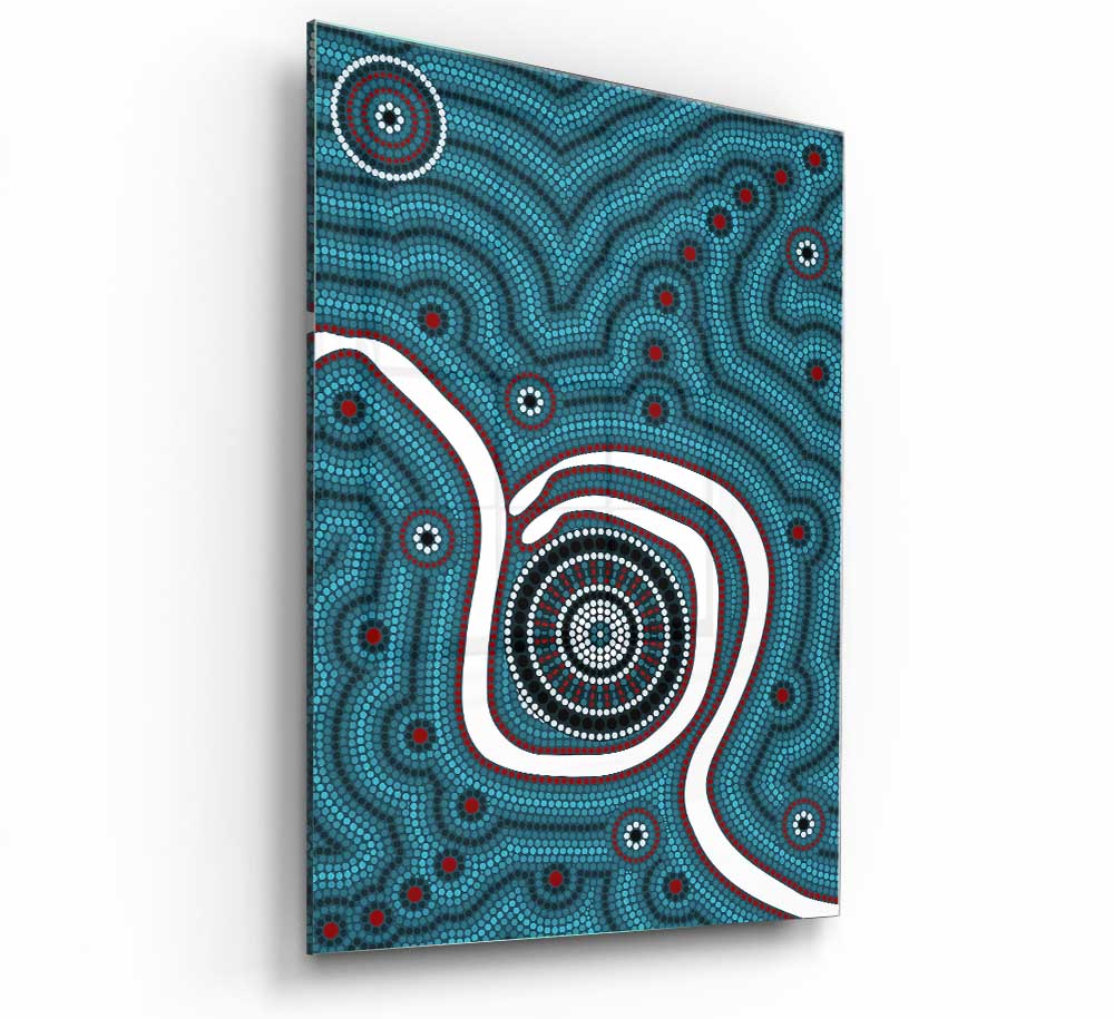 A vibrant Aboriginal Pattern 1 glass print featuring intricate designs and colors, perfect for modern home decor.