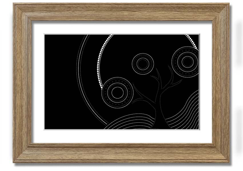 Framed Aboriginal Pattern 13 print showcasing intricate designs and vibrant colors, ready to hang.