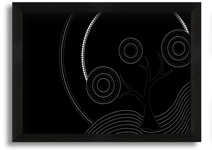 Framed Aboriginal Pattern 13 print showcasing intricate designs and vibrant colors, ready to hang.