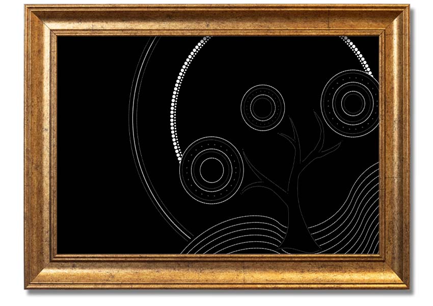 Framed Aboriginal Pattern 13 print showcasing intricate designs and vibrant colors, ready to hang.