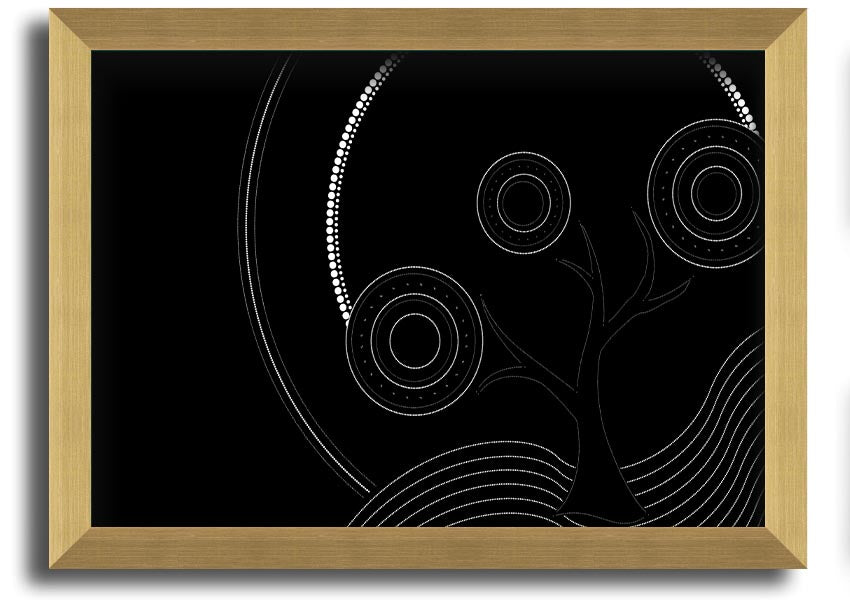 Framed Aboriginal Pattern 13 print showcasing intricate designs and vibrant colors, ready to hang.