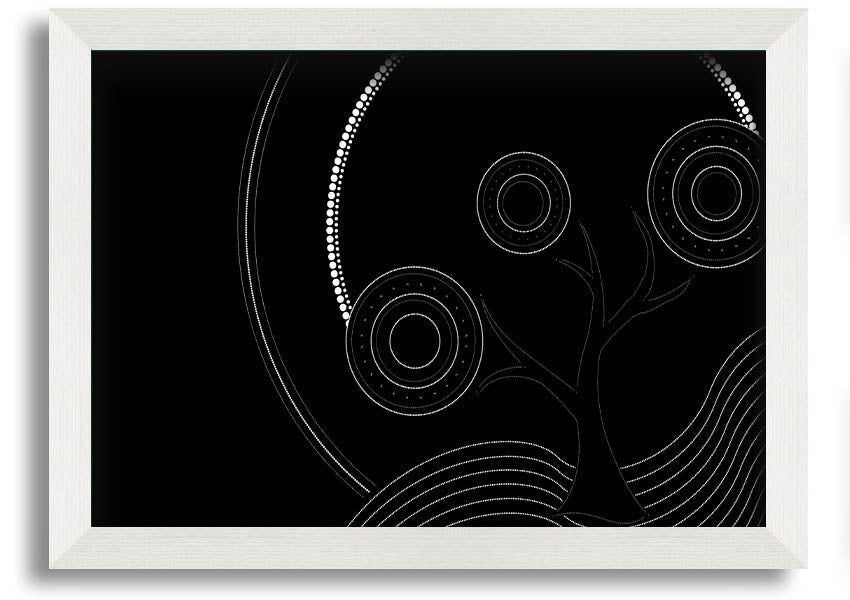 Framed Aboriginal Pattern 13 print showcasing intricate designs and vibrant colors, ready to hang.