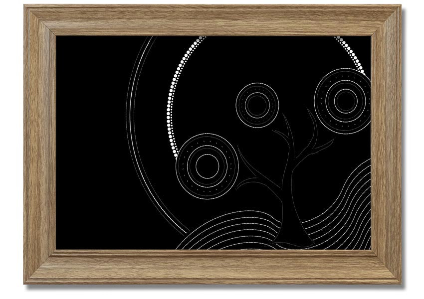 Framed Aboriginal Pattern 13 print showcasing intricate designs and vibrant colors, ready to hang.