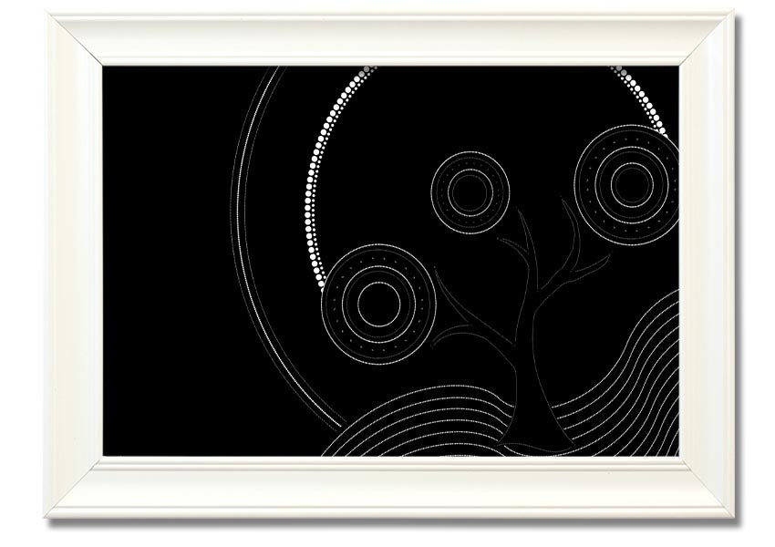 Framed Aboriginal Pattern 13 print showcasing intricate designs and vibrant colors, ready to hang.