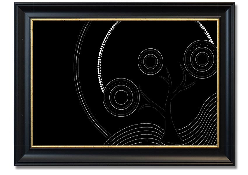 Framed Aboriginal Pattern 13 print showcasing intricate designs and vibrant colors, ready to hang.