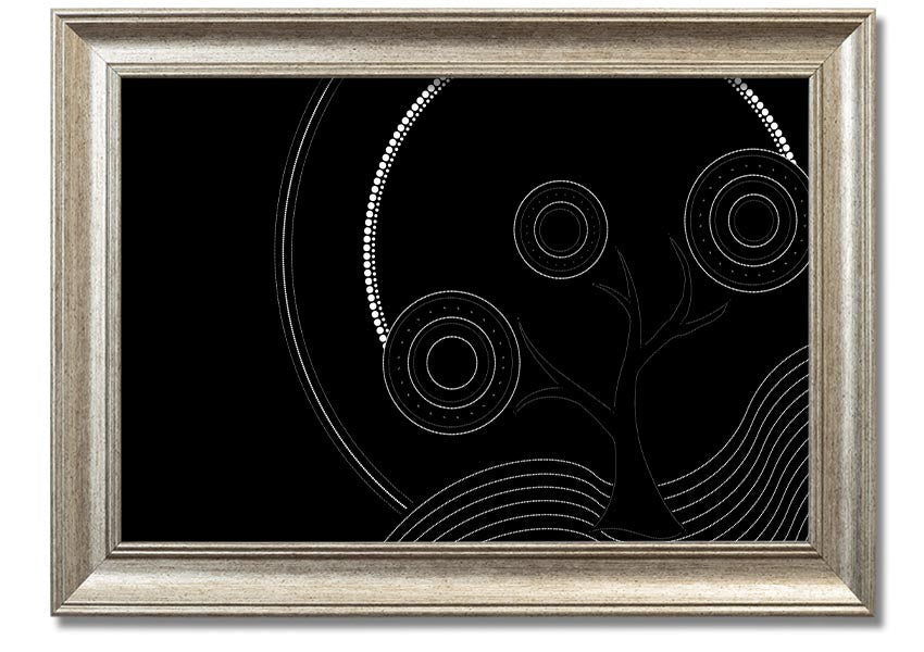 Framed Aboriginal Pattern 13 print showcasing intricate designs and vibrant colors, ready to hang.