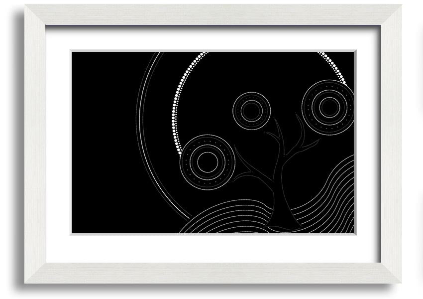 Framed Aboriginal Pattern 13 print showcasing intricate designs and vibrant colors, ready to hang.