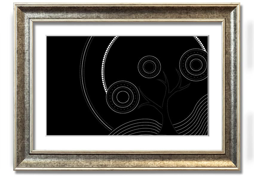 Framed Aboriginal Pattern 13 print showcasing intricate designs and vibrant colors, ready to hang.