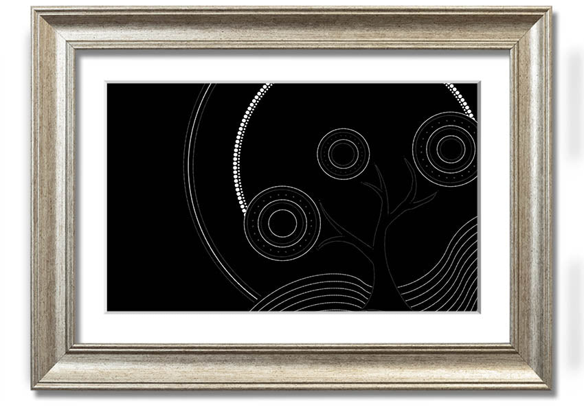 Framed Aboriginal Pattern 13 print showcasing intricate designs and vibrant colors, ready to hang.