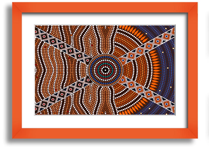 Framed Aboriginal Pattern 2 print showcasing intricate designs, available in various frame colours, ready to hang.