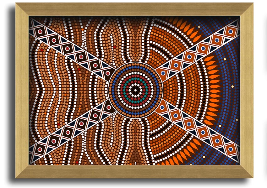 Framed Aboriginal Pattern 2 print showcasing intricate designs, available in various frame colours, ready to hang.