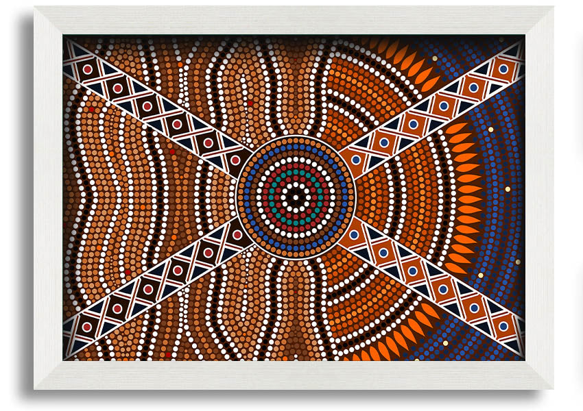 Framed Aboriginal Pattern 2 print showcasing intricate designs, available in various frame colours, ready to hang.