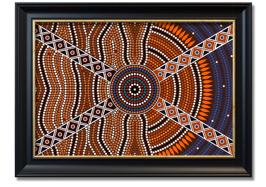 Framed Aboriginal Pattern 2 print showcasing intricate designs, available in various frame colours, ready to hang.