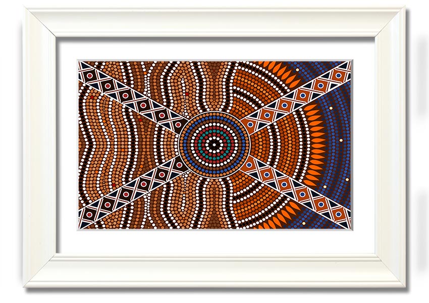 Framed Aboriginal Pattern 2 print showcasing intricate designs, available in various frame colours, ready to hang.
