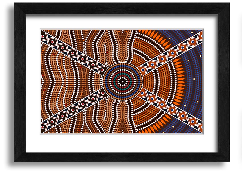 Framed Aboriginal Pattern 2 print showcasing intricate designs, available in various frame colours, ready to hang.