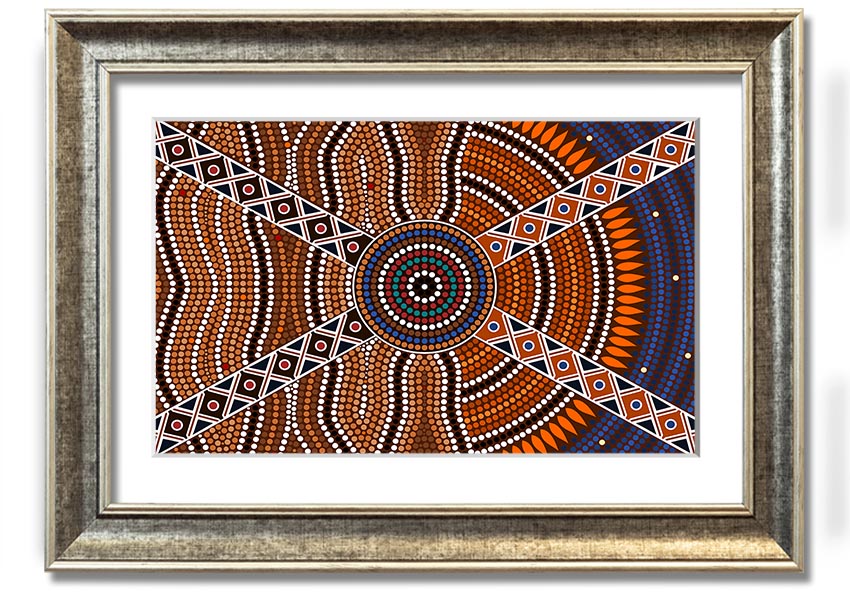 Framed Aboriginal Pattern 2 print showcasing intricate designs, available in various frame colours, ready to hang.