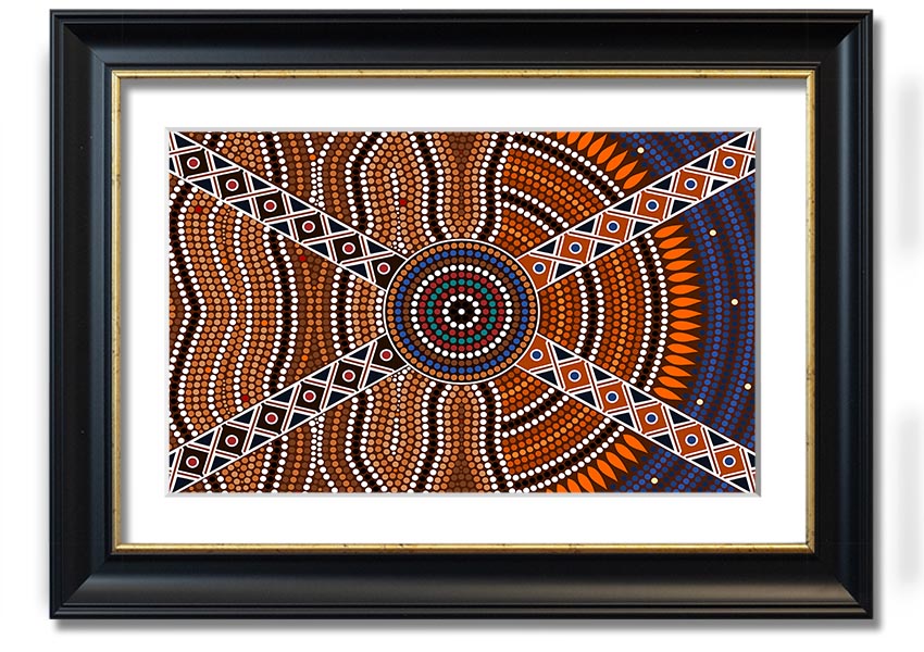 Framed Aboriginal Pattern 2 print showcasing intricate designs, available in various frame colours, ready to hang.