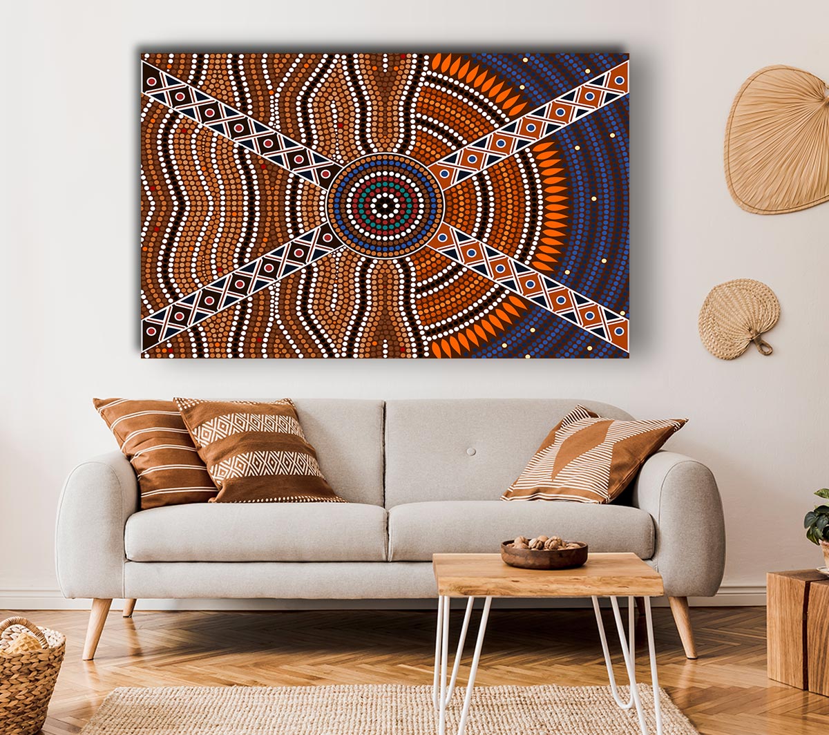 Aboriginal Pattern 2 canvas art mounted on a 44mm box frame, showcasing vibrant colors and intricate designs.