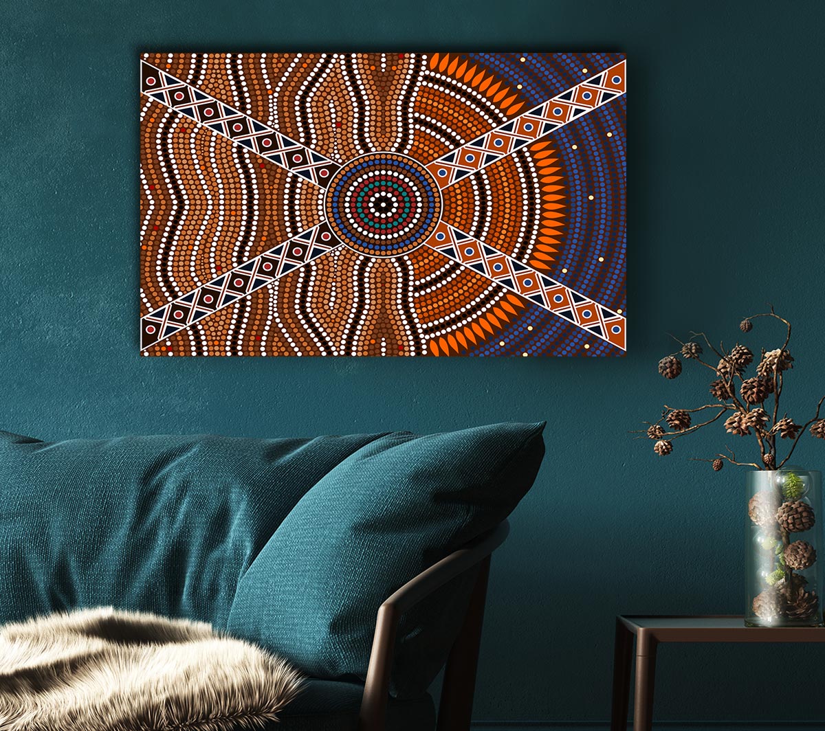 Aboriginal Pattern 2 canvas art mounted on a 44mm box frame, showcasing vibrant colors and intricate designs.