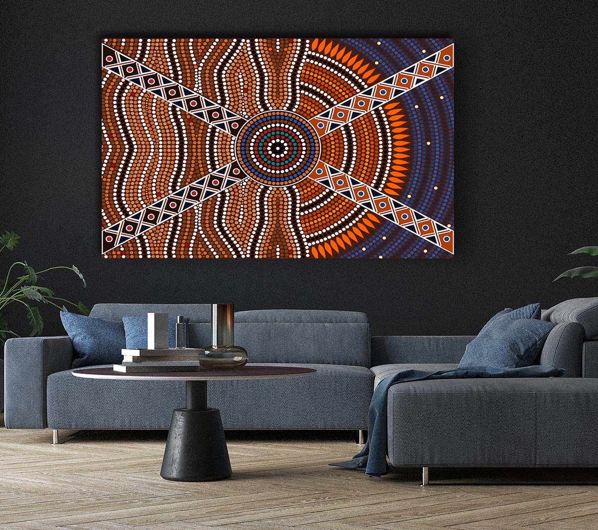 Aboriginal Pattern 2 canvas art mounted on a 44mm box frame, showcasing vibrant colors and intricate designs.