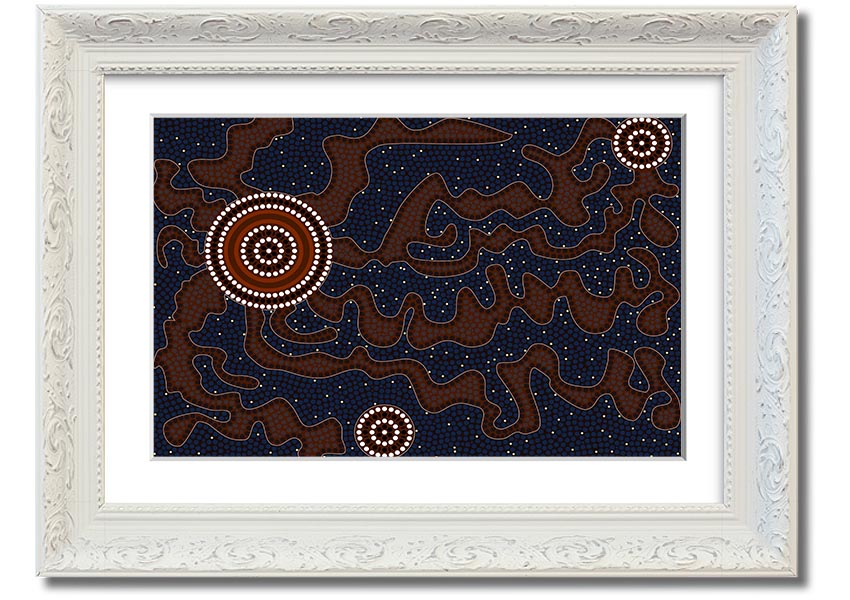 Framed Aboriginal Pattern 3 print showcasing intricate designs and vibrant colors, available in various frame options.