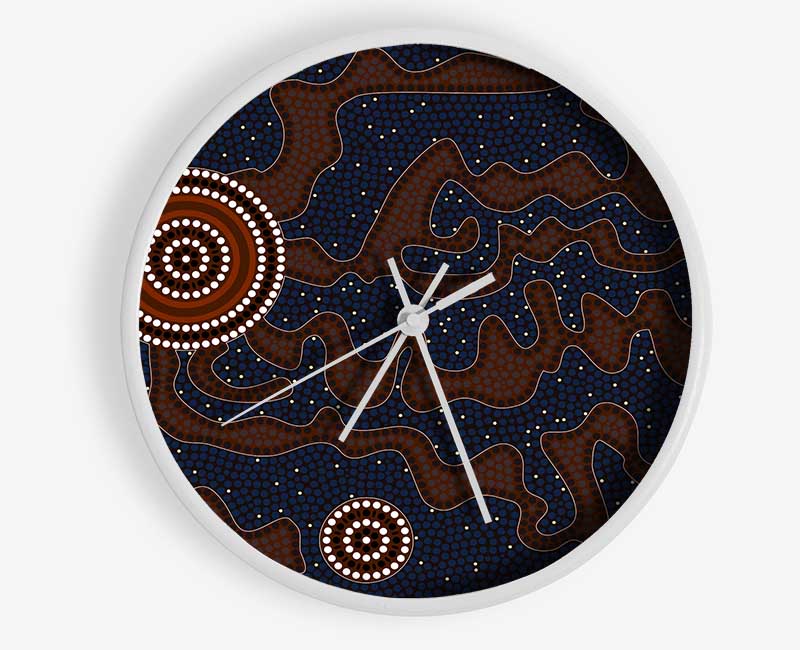 Aboriginal Pattern 3 clock made from natural bamboo with intricate designs, featuring a round face and clear Plexiglas lens.