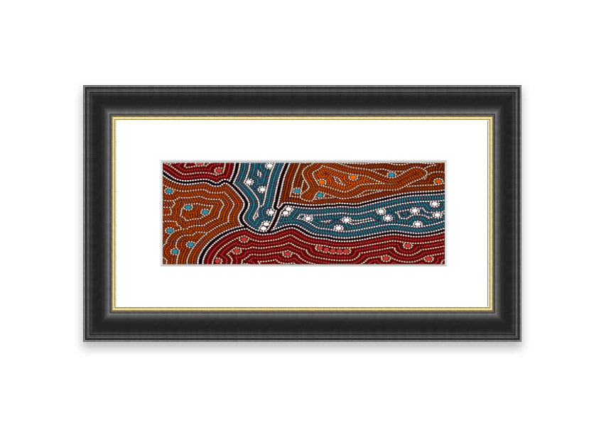 Framed Aboriginal Pattern 4 print showcasing intricate designs, available in various frame colors.