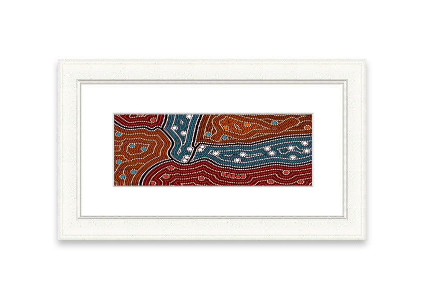 Framed Aboriginal Pattern 4 print showcasing intricate designs, available in various frame colors.