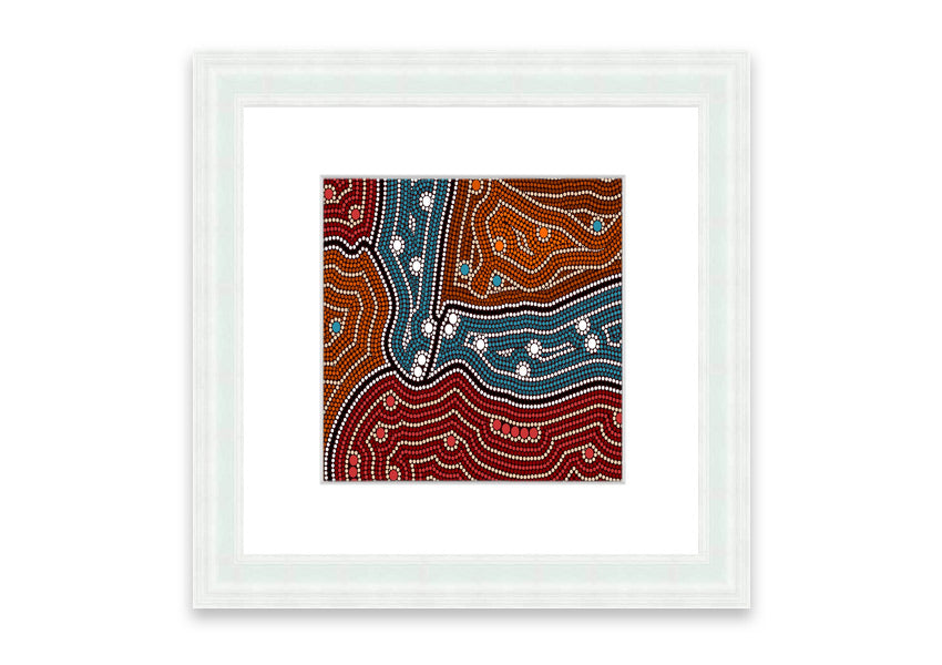 Framed Aboriginal Pattern 4 print showcasing intricate designs, available in various frame colors.