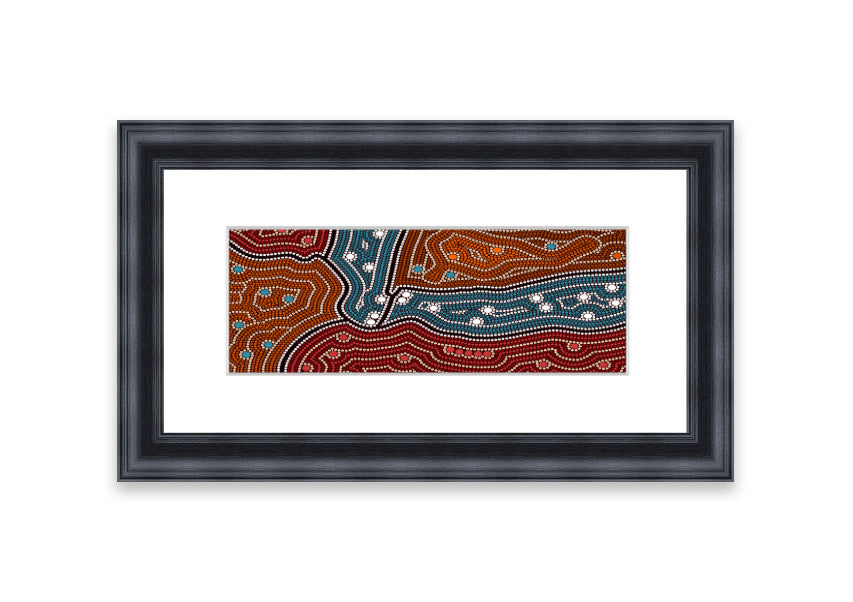 Framed Aboriginal Pattern 4 print showcasing intricate designs, available in various frame colors.
