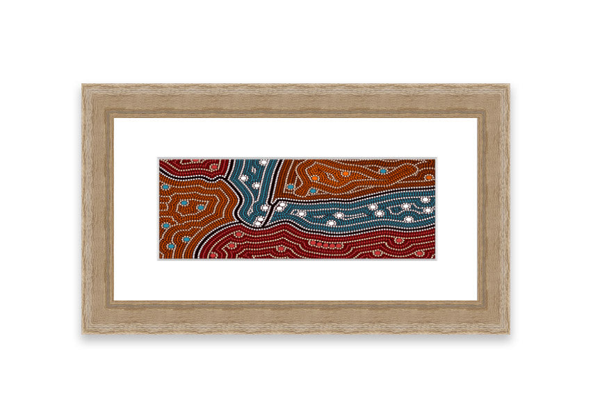 Framed Aboriginal Pattern 4 print showcasing intricate designs, available in various frame colors.