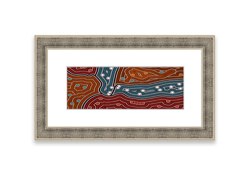 Framed Aboriginal Pattern 4 print showcasing intricate designs, available in various frame colors.