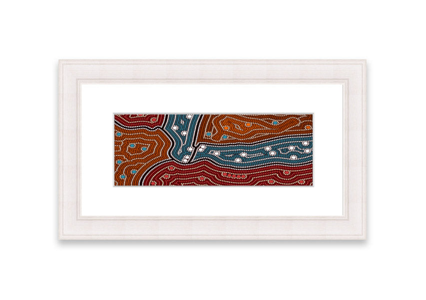 Framed Aboriginal Pattern 4 print showcasing intricate designs, available in various frame colors.