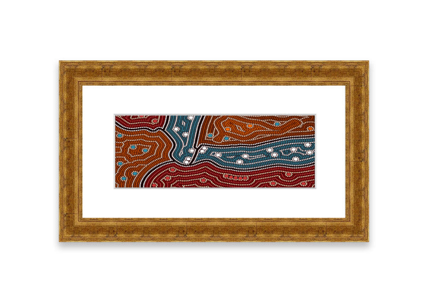 Framed Aboriginal Pattern 4 print showcasing intricate designs, available in various frame colors.