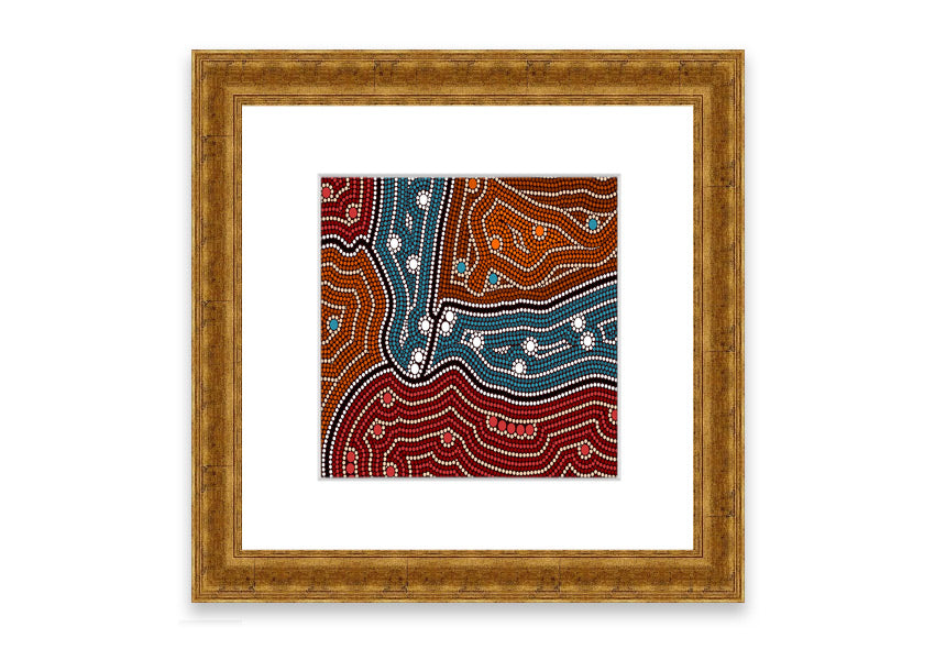 Framed Aboriginal Pattern 4 print showcasing intricate designs, available in various frame colors.