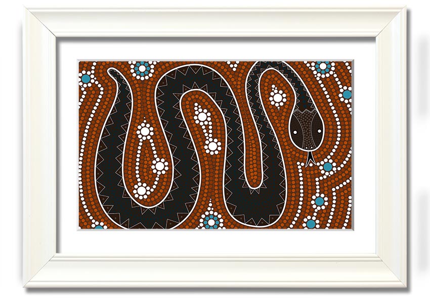 Framed Aboriginal Pattern 6 print showcasing vibrant colors and intricate designs, ready to hang on the wall.