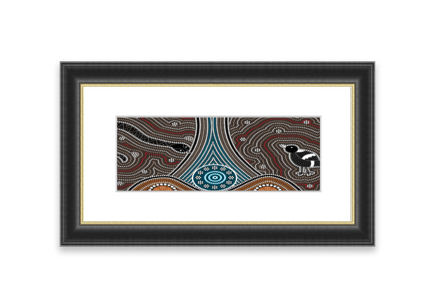 Framed Aboriginal Pattern 8 print showcasing intricate designs and vibrant colors, available in multiple frame options.