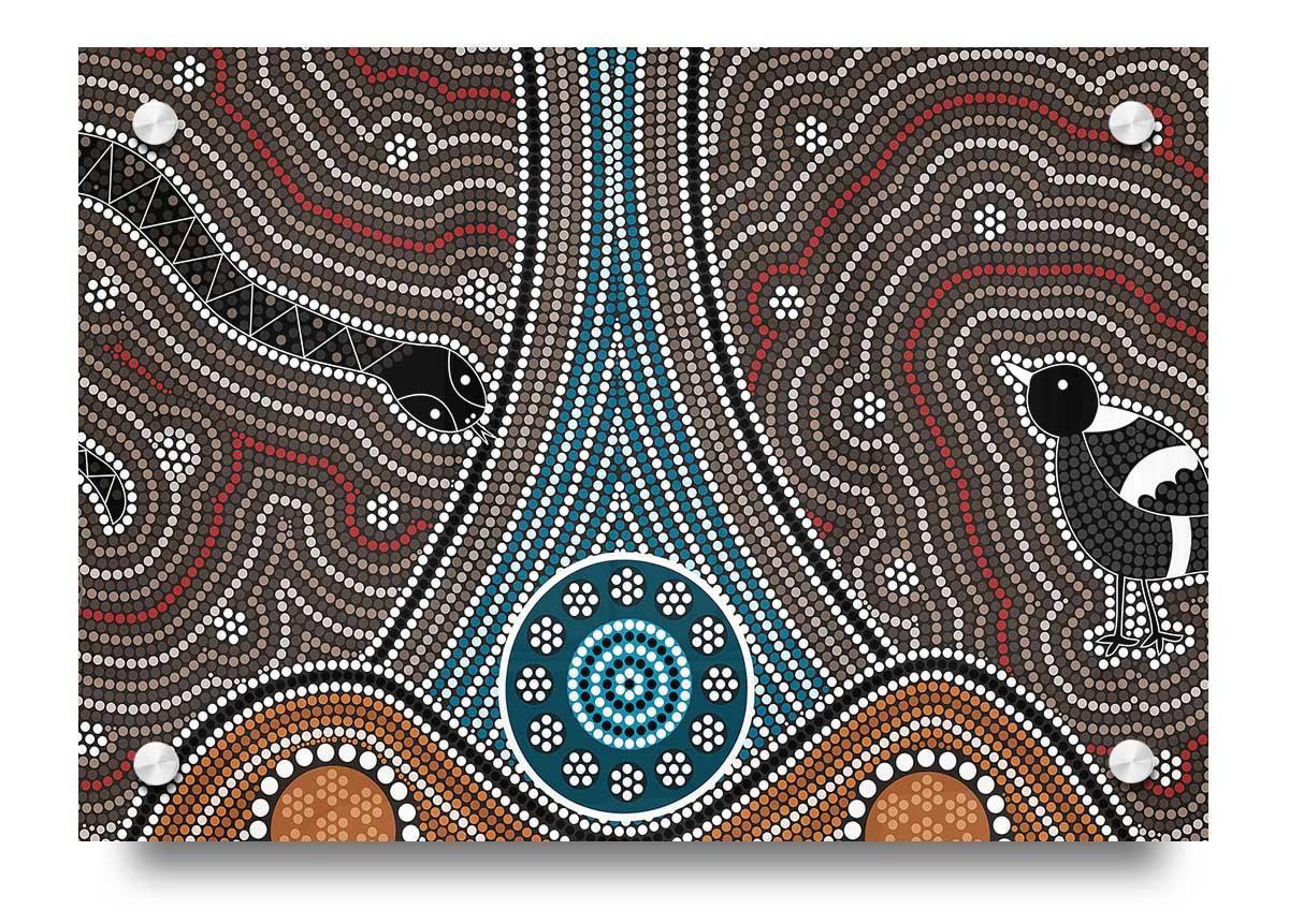 Aboriginal Pattern 8 acrylic print showcasing vibrant colors and intricate designs on 5mm thick acrylic glass, ready to hang.