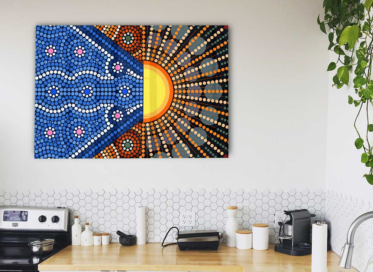 Aboriginal Pattern 9 glass print featuring vibrant colors and intricate designs, perfect for modern home decor.