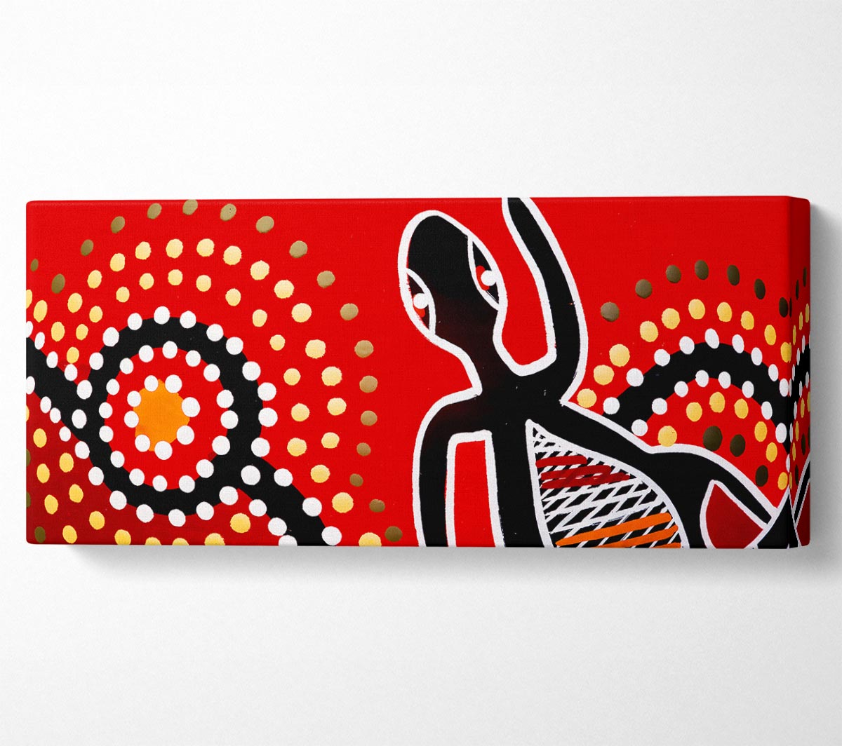 Aboriginal Red Gecko Sun canvas art mounted on a 44mm box frame, showcasing vibrant colors and intricate design.